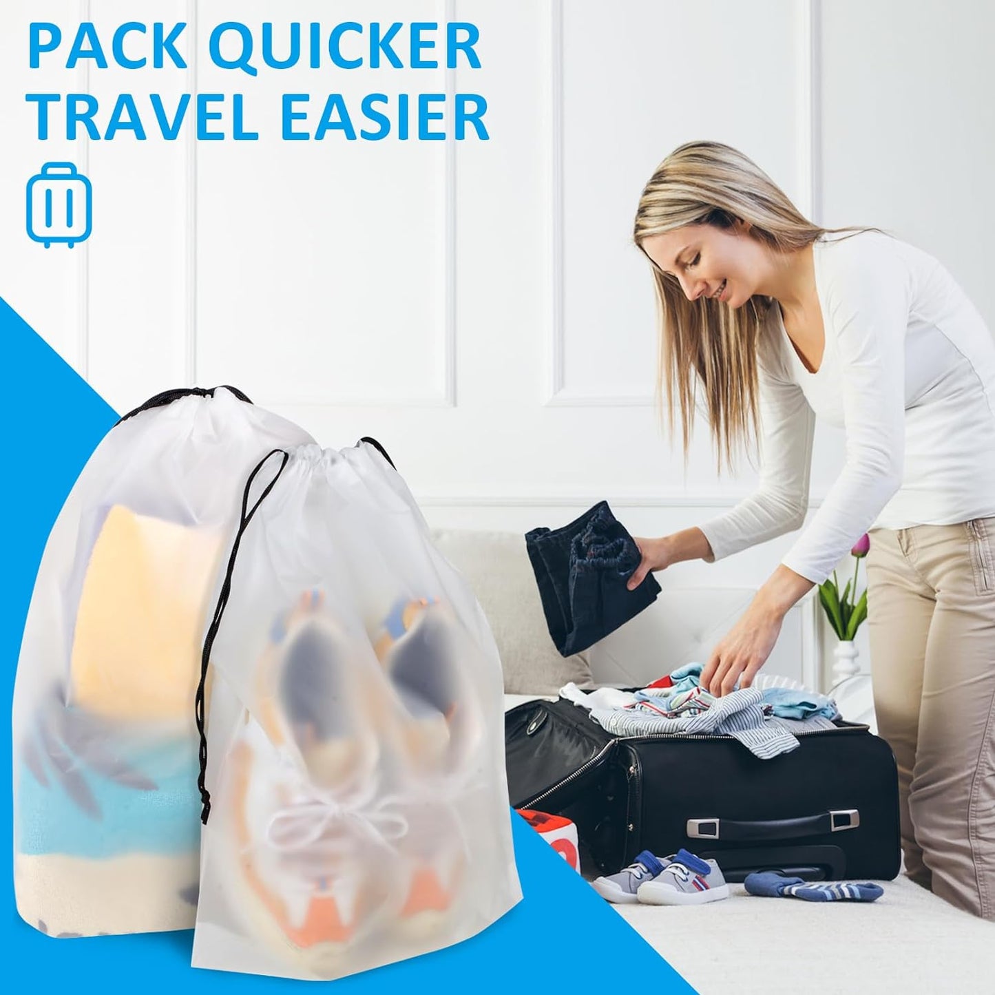 Clear Shoe Bags for Travel – 5 Pack (15.7" x 11.8") Waterproof Drawstring Shoe Storage | Travel Essentials for Men & Women