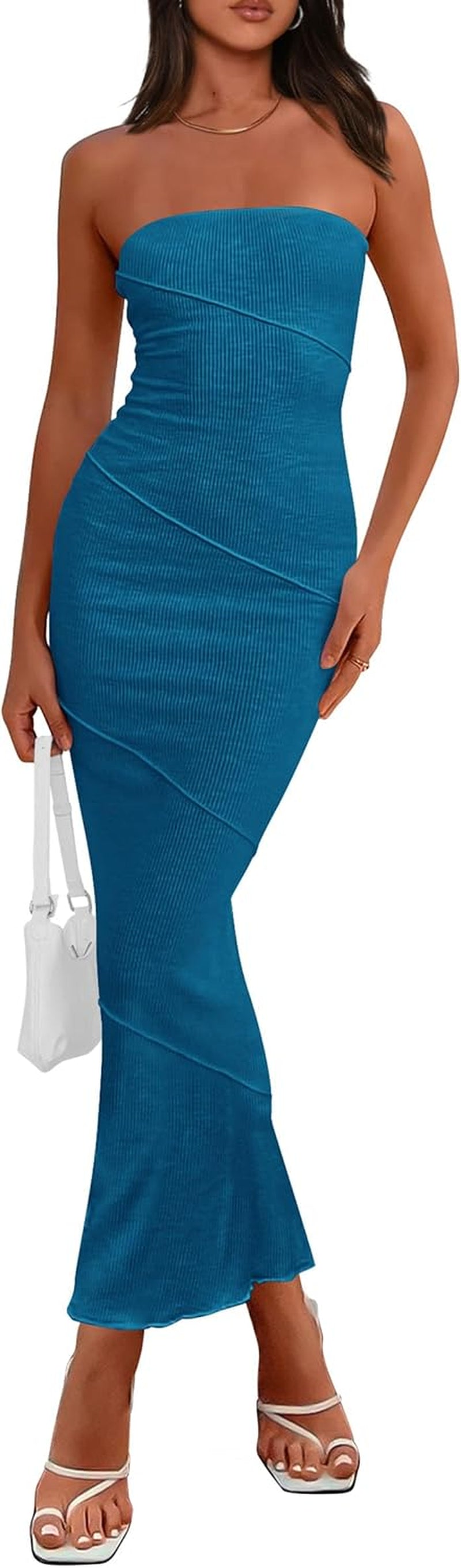 PRETTYGARDEN Strapless Ribbed Bodycon Maxi Dress – Y2K Tube Dress for Summer, Club, & Party Nights