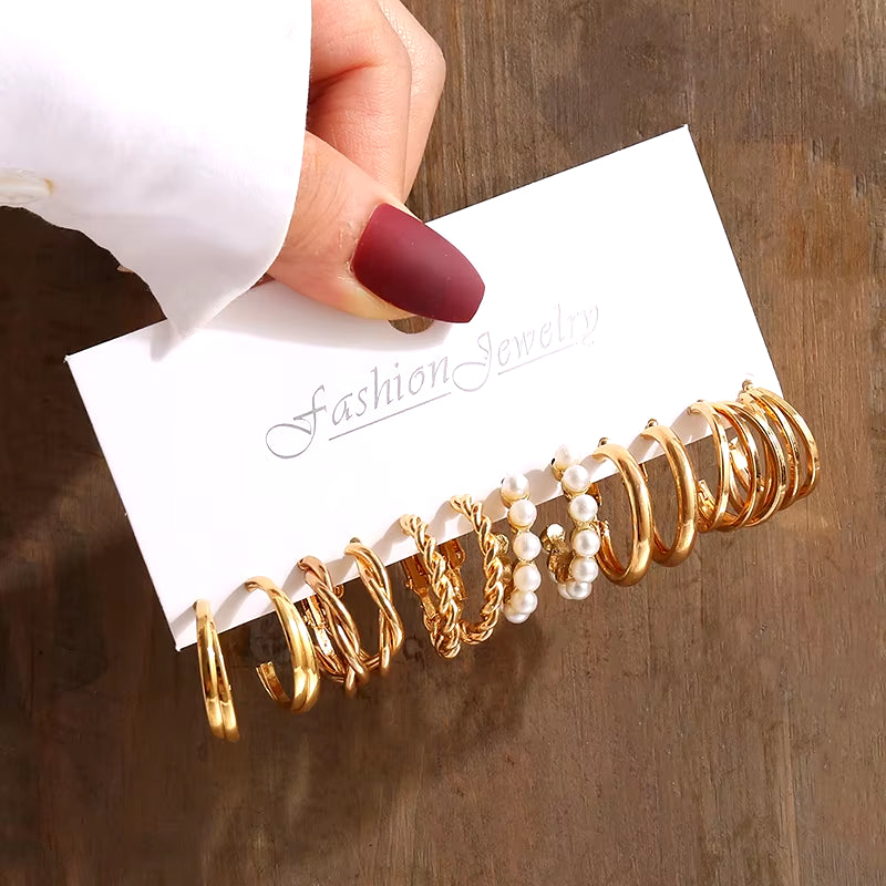 Vintage-Inspired Geometric Pearl Earrings Set – Twisted Metal & Square Drop Design