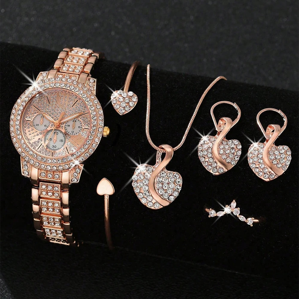 Women’s Luxe Quartz Watch & Jewelry Set – Gold Ring, Necklace, Earrings & Rhinestone Timepiece