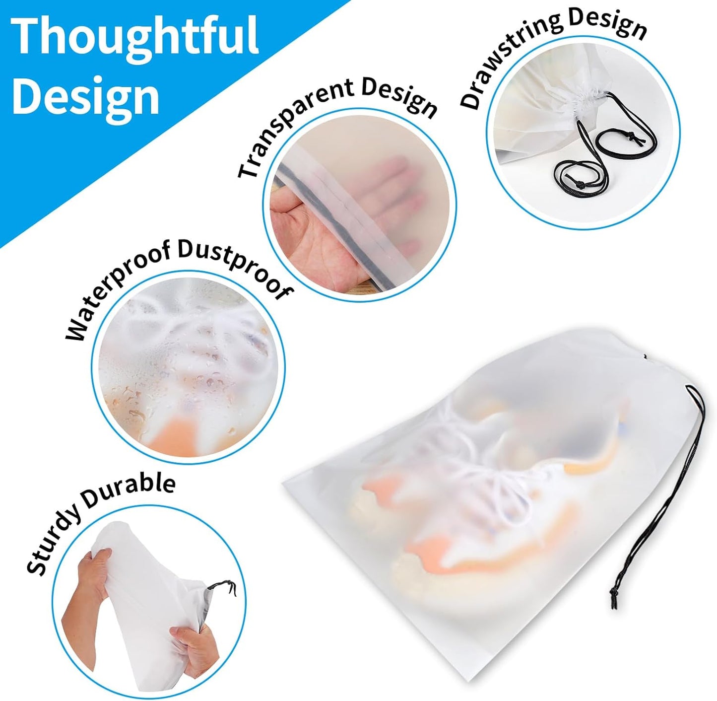 Clear Shoe Bags for Travel – 5 Pack (15.7" x 11.8") Waterproof Drawstring Shoe Storage | Travel Essentials for Men & Women