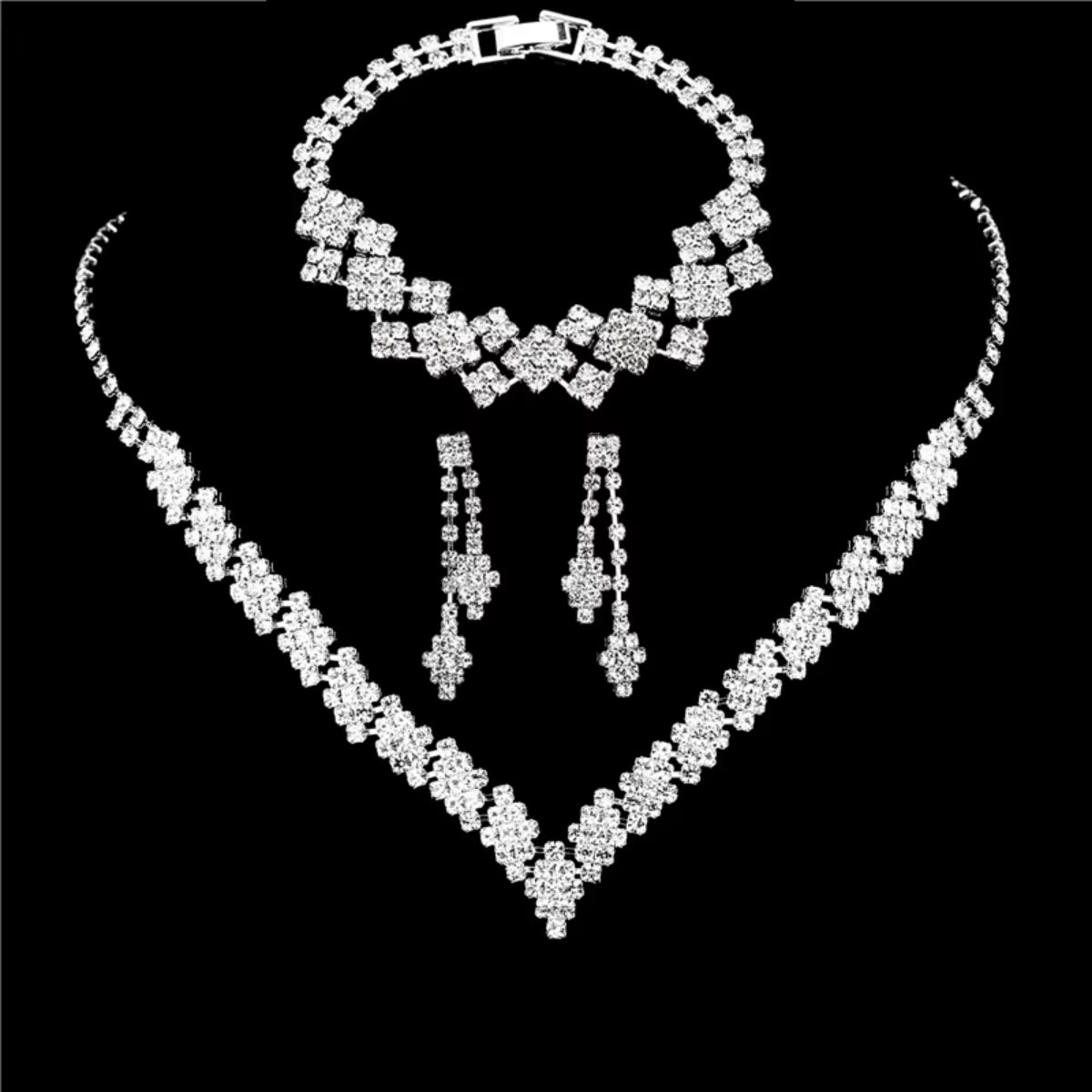 3-Piece Silver Bridal Jewelry Set – Rhinestone Clutch Bracelet & Tassel Earrings
