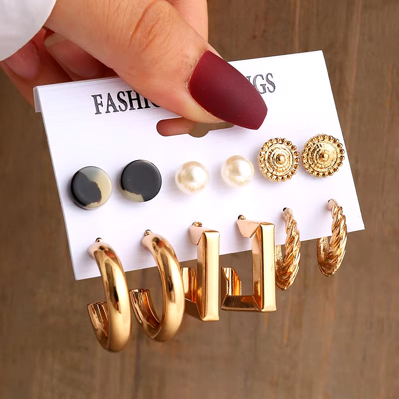 Vintage-Inspired Geometric Pearl Earrings Set – Twisted Metal & Square Drop Design