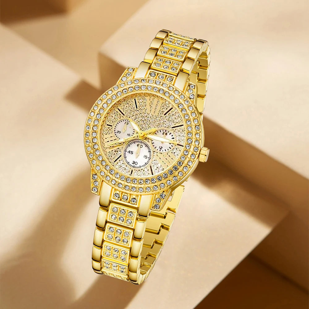 Women’s Luxe Quartz Watch & Jewelry Set – Gold Ring, Necklace, Earrings & Rhinestone Timepiece