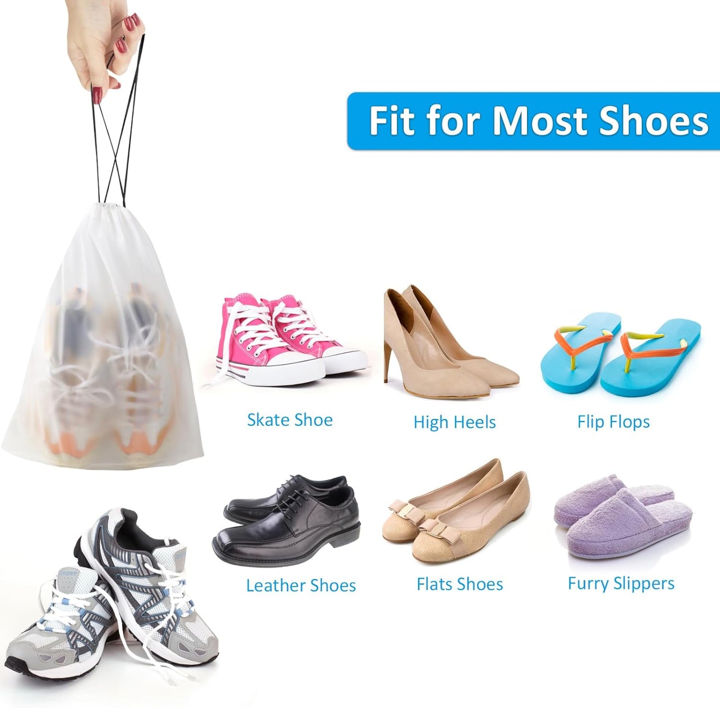 Clear Shoe Bags for Travel – 5 Pack (15.7" x 11.8") Waterproof Drawstring Shoe Storage | Travel Essentials for Men & Women
