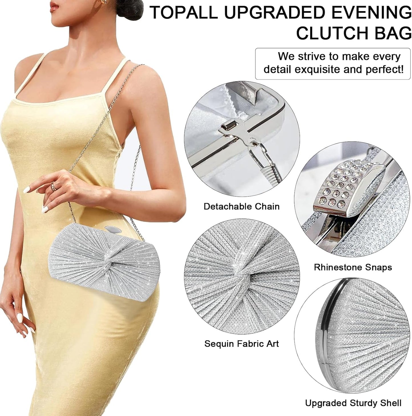 TOPALL Sparkly Rhinestone Purse – Silver Diamond Evening Bag with Adjustable Strap | Perfect for Parties, Prom & Luxe Nights Out
