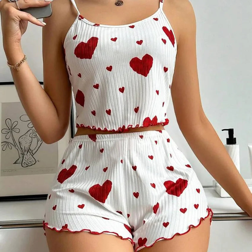 2-Piece Pajama Set – Tank & Shorts with Heart Print