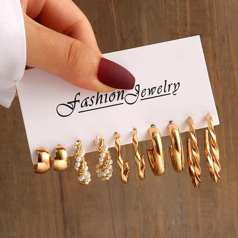 Vintage-Inspired Geometric Pearl Earrings Set – Twisted Metal & Square Drop Design