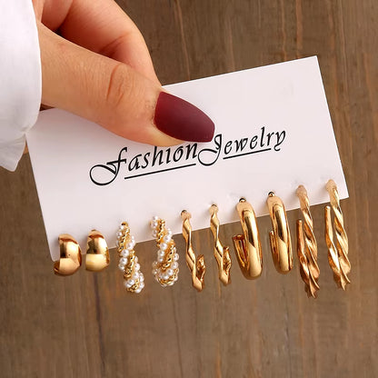 Vintage-Inspired Geometric Pearl Earrings Set – Twisted Metal & Square Drop Design