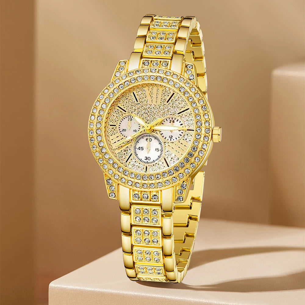 Women’s Luxe Quartz Watch & Jewelry Set – Gold Ring, Necklace, Earrings & Rhinestone Timepiece