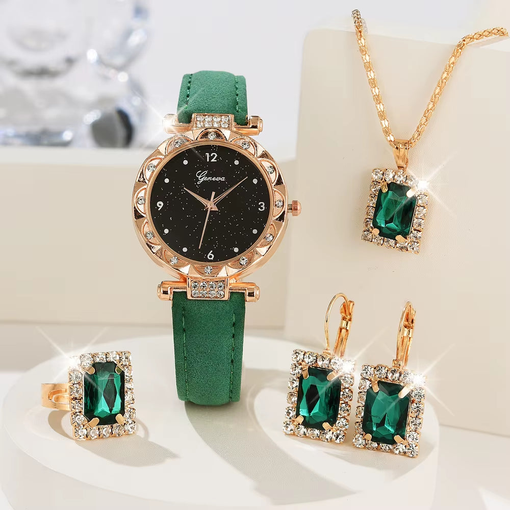 5-Piece Elegant Rhinestone Watch & Jewelry Set for Women – Quartz Wristwatch with Matching Accessories
