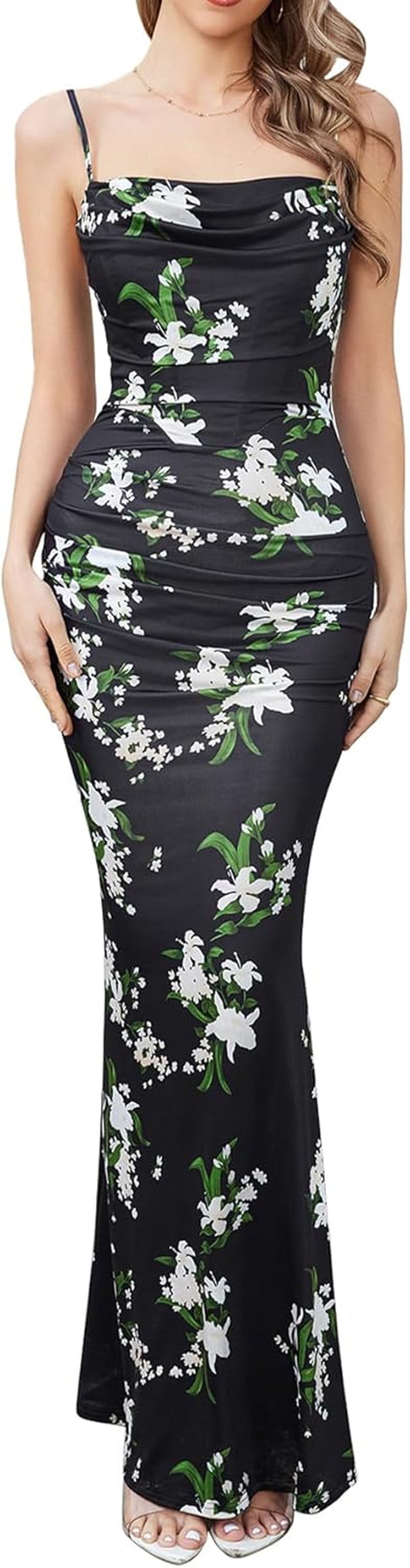 EYNMIN Women’s Corset Maxi Dress – Elegant Sleeveless Bodycon Gown with Spaghetti Straps & Ruched Detailing ✨ Perfect for Weddings, Galas, & Evening Events