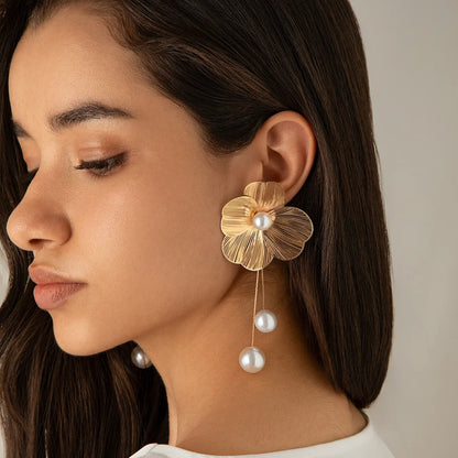  Long Tassel Drop Earrings – Romantic Pearl & Petal Design for Weddings & Elegant Events