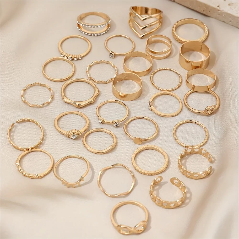 30-Piece Boho Gold Ring Set – Vintage Rhinestone & Geometric Stackable Rings