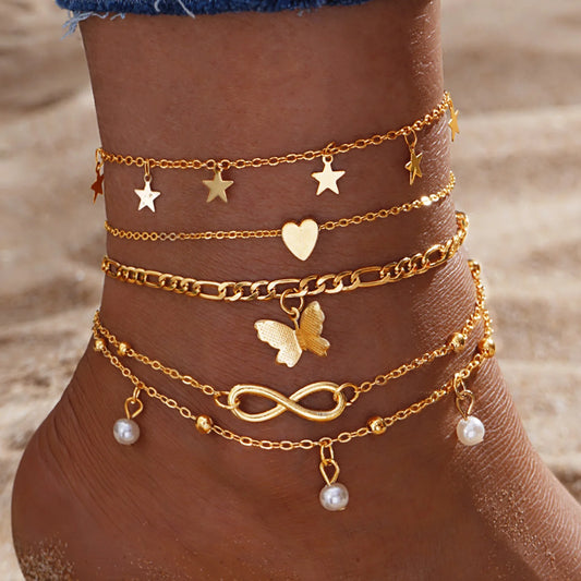 5-Piece Boho Tassel Anklet Set – Butterfly, Pearl, Star & Heart Beach Foot Jewelry