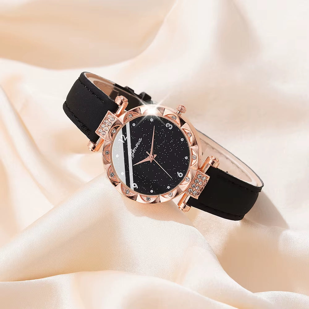 5-Piece Elegant Rhinestone Watch & Jewelry Set for Women – Quartz Wristwatch with Matching Accessories