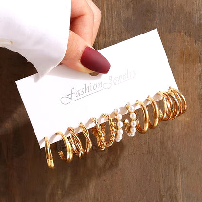 Vintage-Inspired Geometric Pearl Earrings Set – Twisted Metal & Square Drop Design