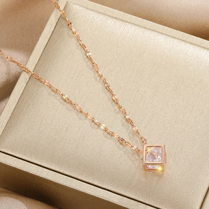  Korean-Inspired Zircon Hollow Square Necklace – Stainless Steel Clavicle Chain