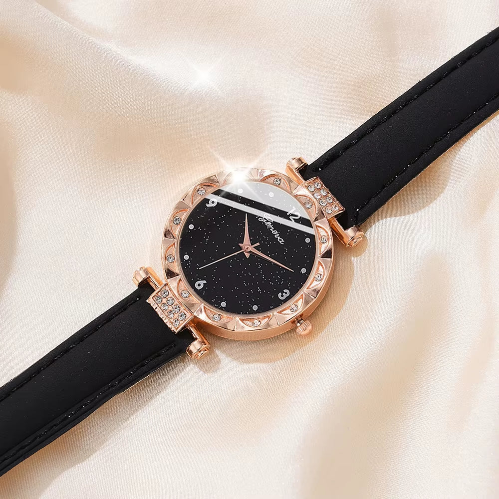 5-Piece Elegant Rhinestone Watch & Jewelry Set for Women – Quartz Wristwatch with Matching Accessories