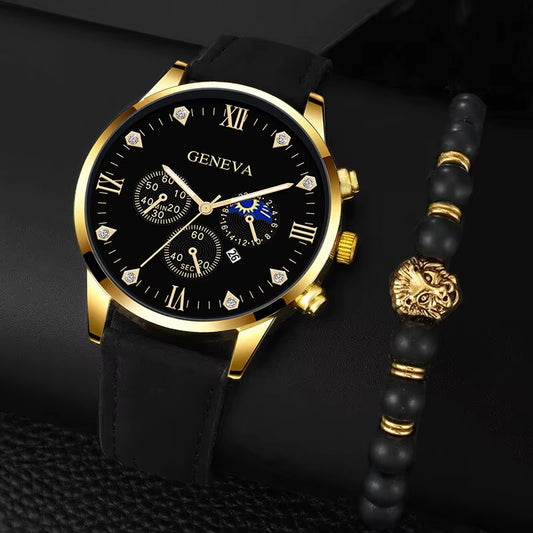 2-Piece Men’s Business Quartz Watch Set – Bracelet Style with Calendar Display