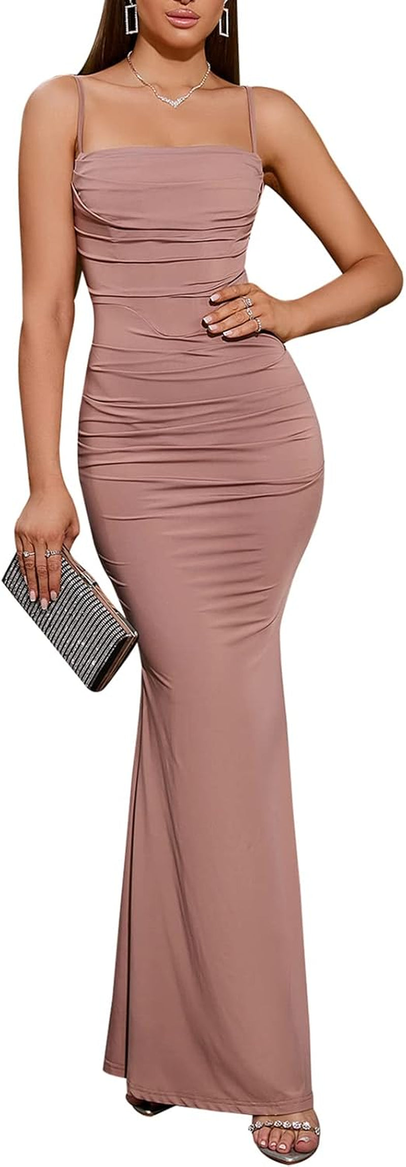 EYNMIN Women’s Corset Maxi Dress – Elegant Sleeveless Bodycon Gown with Spaghetti Straps & Ruched Detailing ✨ Perfect for Weddings, Galas, & Evening Events