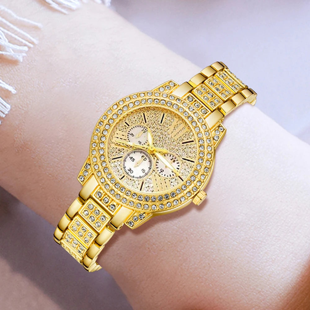 Women’s Luxe Quartz Watch & Jewelry Set – Gold Ring, Necklace, Earrings & Rhinestone Timepiece