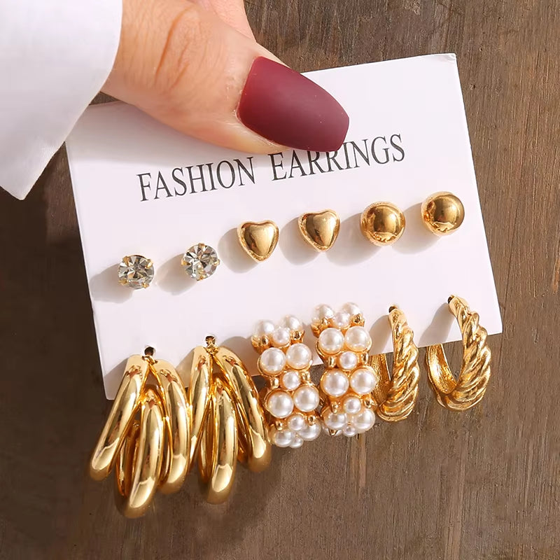 Vintage-Inspired Geometric Pearl Earrings Set – Twisted Metal & Square Drop Design