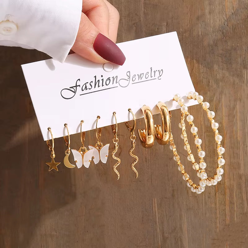 Vintage-Inspired Geometric Pearl Earrings Set – Twisted Metal & Square Drop Design