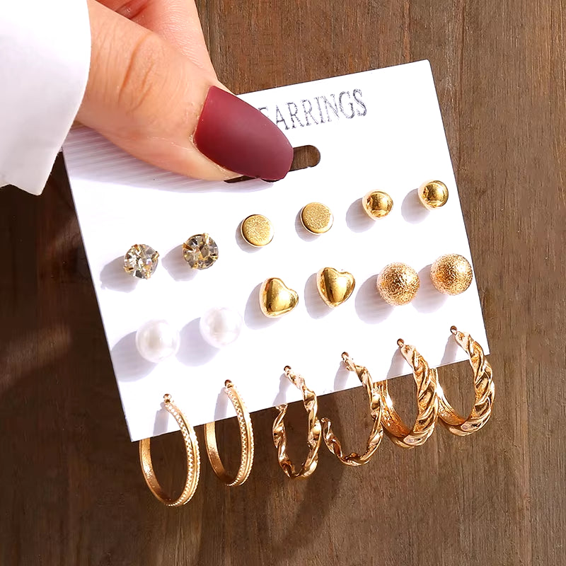 Vintage-Inspired Geometric Pearl Earrings Set – Twisted Metal & Square Drop Design