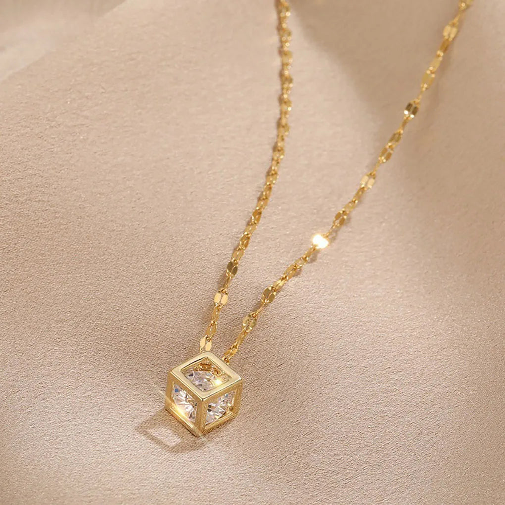  Korean-Inspired Zircon Hollow Square Necklace – Stainless Steel Clavicle Chain