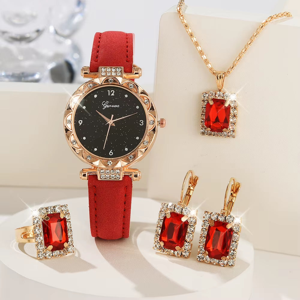5-Piece Elegant Rhinestone Watch & Jewelry Set for Women – Quartz Wristwatch with Matching Accessories
