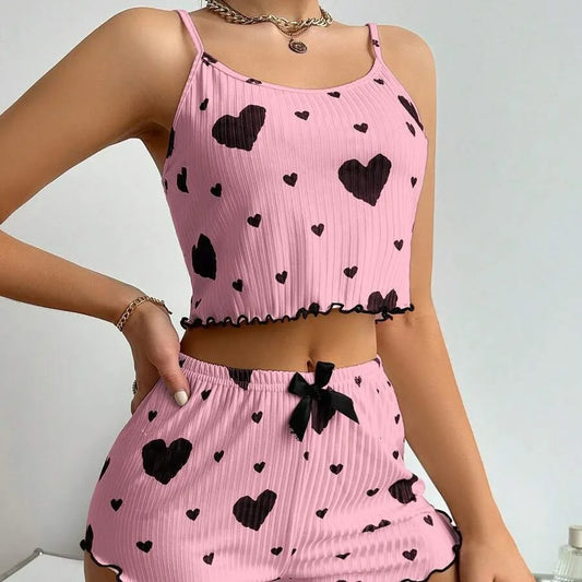 2-Piece Pajama Set – Tank & Shorts with Heart Print