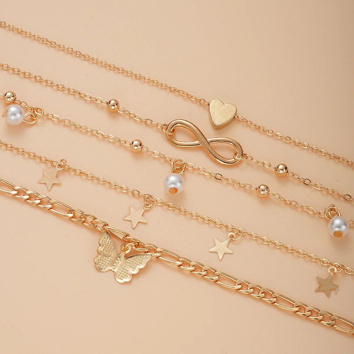 5-Piece Boho Tassel Anklet Set – Butterfly, Pearl, Star & Heart Beach Foot Jewelry