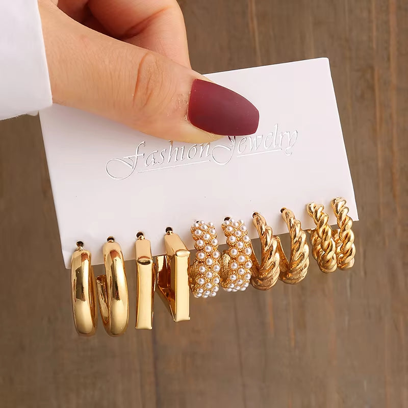 Vintage-Inspired Geometric Pearl Earrings Set – Twisted Metal & Square Drop Design
