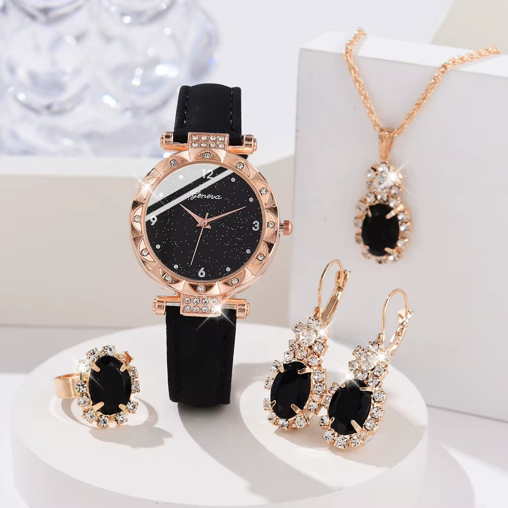 5-Piece Elegant Rhinestone Watch & Jewelry Set for Women – Quartz Wristwatch with Matching Accessories