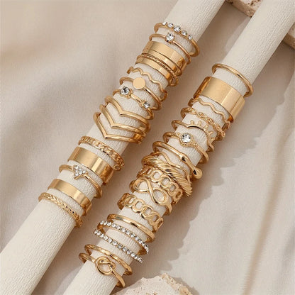 30-Piece Boho Gold Ring Set – Vintage Rhinestone & Geometric Stackable Rings