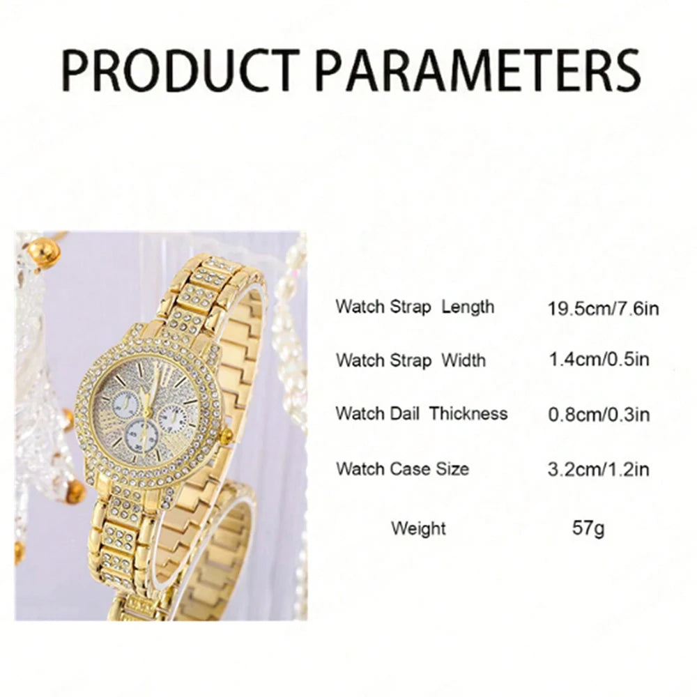 Women’s Luxe Quartz Watch & Jewelry Set – Gold Ring, Necklace, Earrings & Rhinestone Timepiece