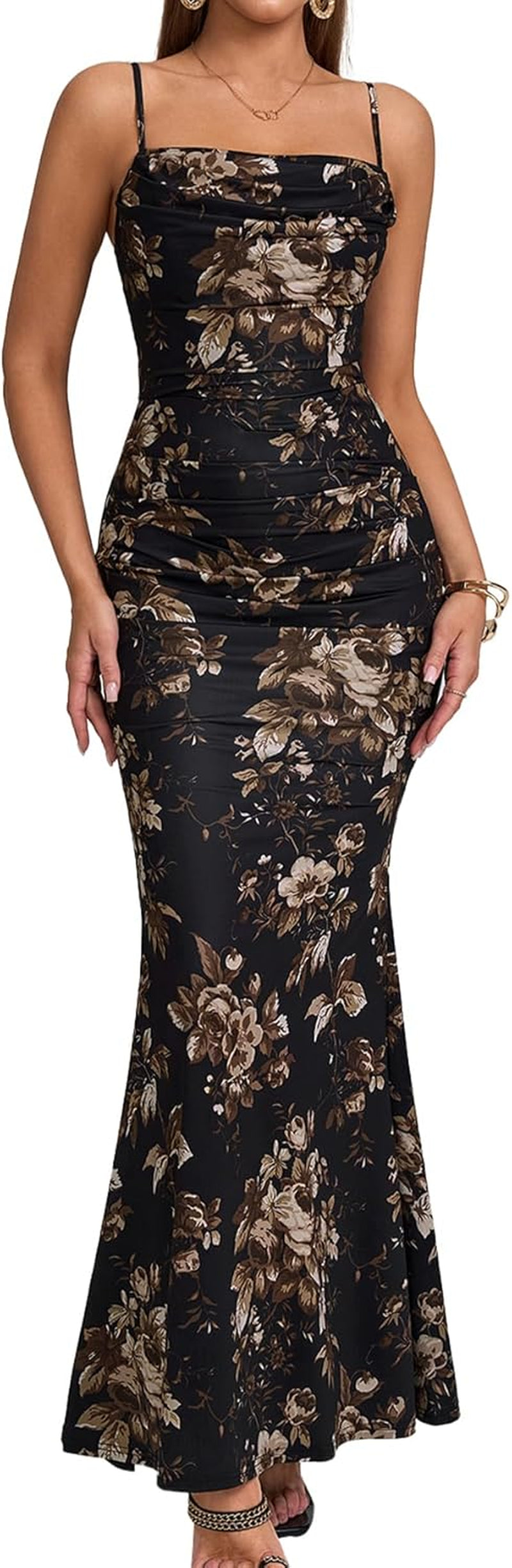 EYNMIN Women’s Corset Maxi Dress – Elegant Sleeveless Bodycon Gown with Spaghetti Straps & Ruched Detailing ✨ Perfect for Weddings, Galas, & Evening Events