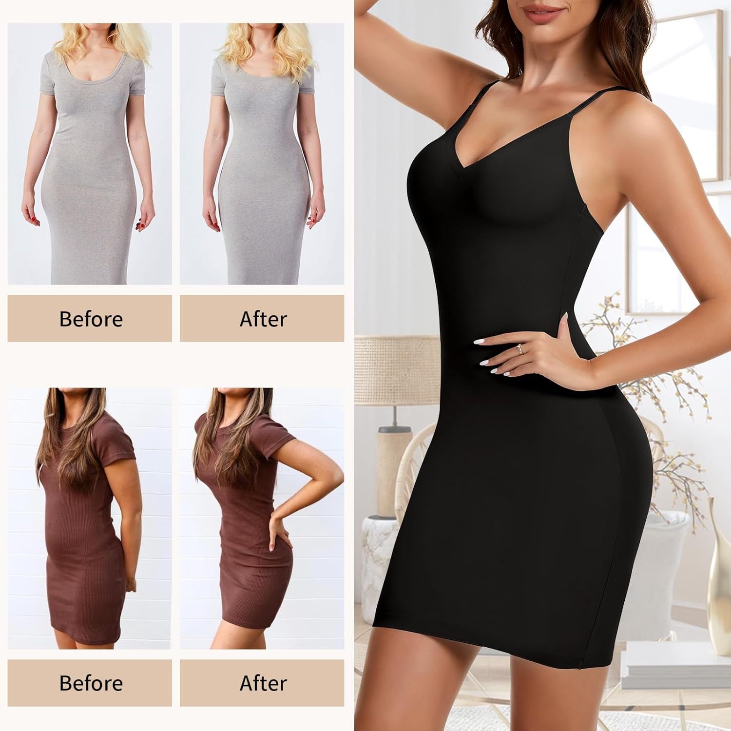 Tummy Control Shapewear Slip Dress – Full Body Shaper with Adjustable Straps & Deep V Neck | Smooths Under Any Look