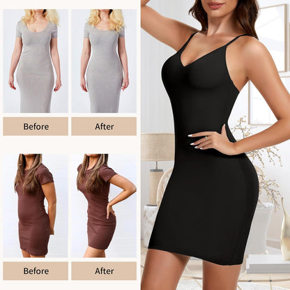 Tummy Control Shapewear Slip Dress – Full Body Shaper with Adjustable Straps & Deep V Neck | Smooths Under Any Look