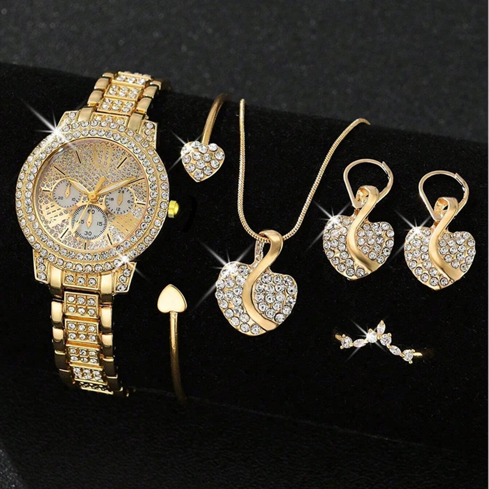 Women’s Luxe Quartz Watch & Jewelry Set – Gold Ring, Necklace, Earrings & Rhinestone Timepiece