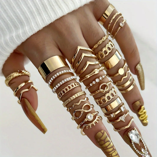 30-Piece Boho Gold Ring Set – Vintage Rhinestone & Geometric Stackable Rings