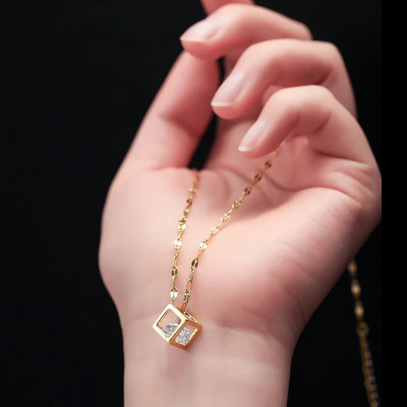  Korean-Inspired Zircon Hollow Square Necklace – Stainless Steel Clavicle Chain