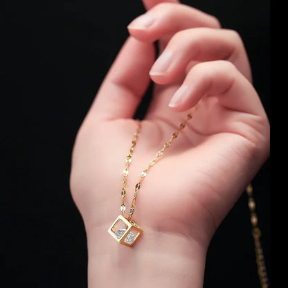  Korean-Inspired Zircon Hollow Square Necklace – Stainless Steel Clavicle Chain