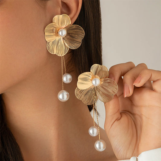  Long Tassel Drop Earrings – Romantic Pearl & Petal Design for Weddings & Elegant Events