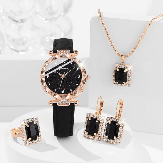 5-Piece Elegant Rhinestone Watch & Jewelry Set for Women – Quartz Wristwatch with Matching Accessories