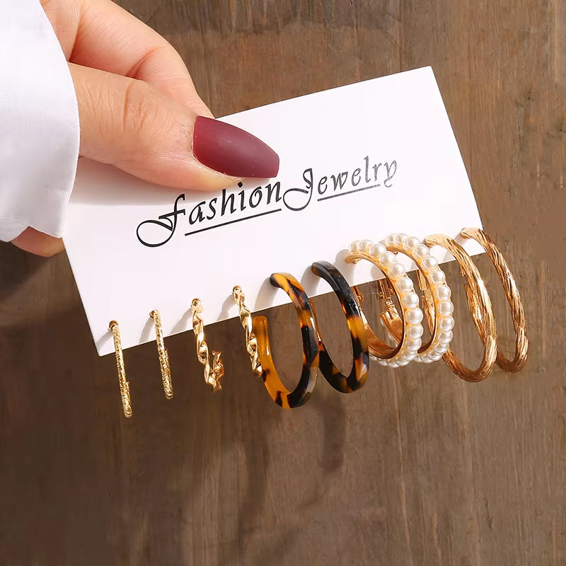 Vintage-Inspired Geometric Pearl Earrings Set – Twisted Metal & Square Drop Design