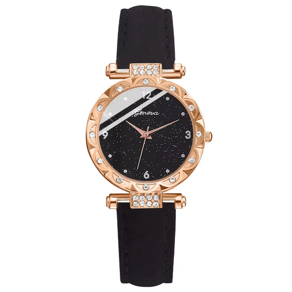 5-Piece Elegant Rhinestone Watch & Jewelry Set for Women – Quartz Wristwatch with Matching Accessories