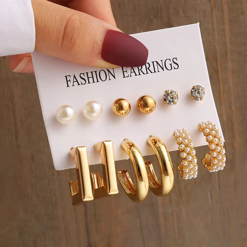 Vintage-Inspired Geometric Pearl Earrings Set – Twisted Metal & Square Drop Design