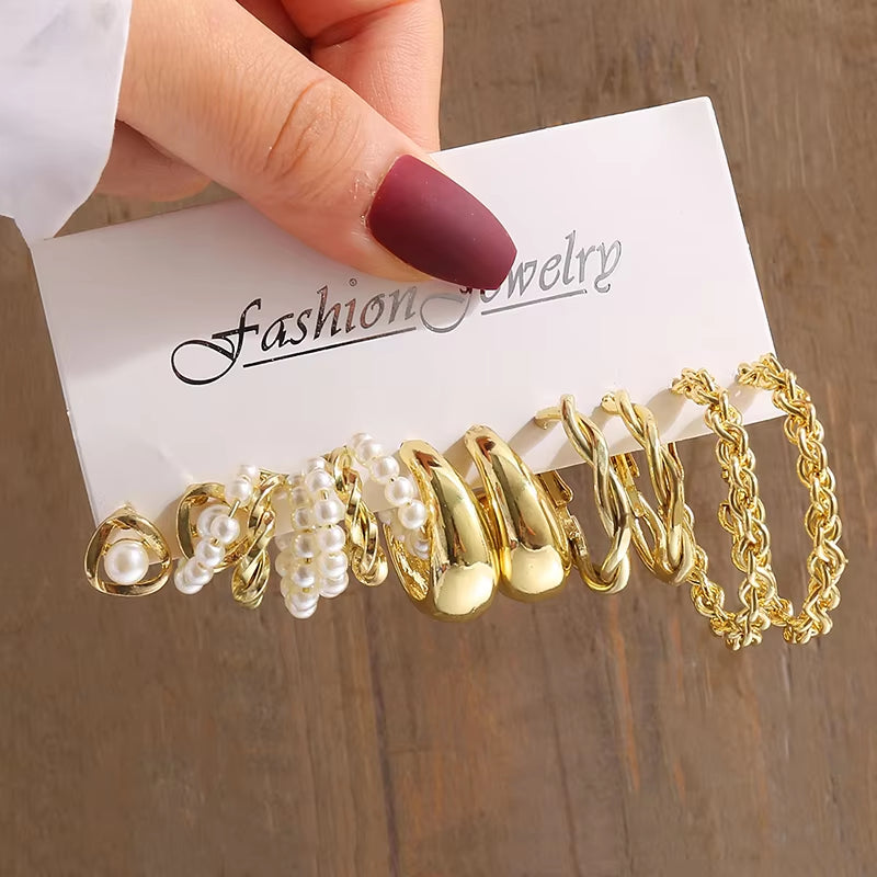 Vintage-Inspired Geometric Pearl Earrings Set – Twisted Metal & Square Drop Design